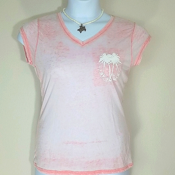 T-shirt top Burn Out Pink Short Sleeve Tourist St Thomas Palm Tree Graphic - Picture 3 of 3